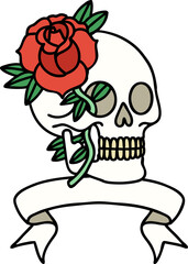 tattoo with banner of a skull and rose