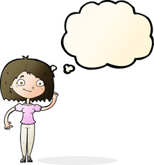 cartoon woman waving with thought bubble