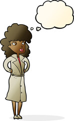cartoon woman in trench coat with thought bubble
