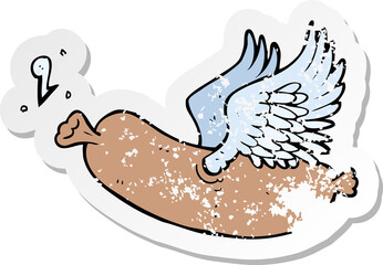 retro distressed sticker of a cartoon flying sausage