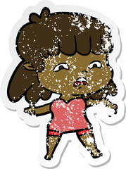 distressed sticker of a cartoon worried woman