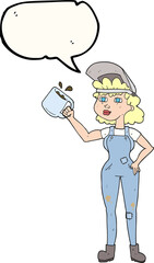 speech bubble cartoon woman in dungarees