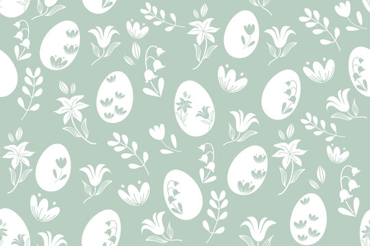 Easter eggs background doodle pattern folk design egg paint with silhouette Stencil white flower and leaf on green background vector illustration.