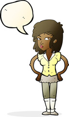 cartoon pretty woman with hands on hips with speech bubble