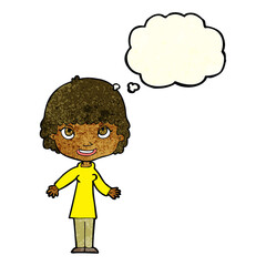 cartoon happy woman with thought bubble