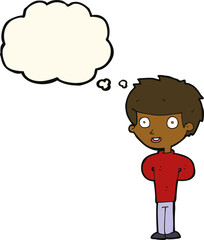 cartoon happy boy with thought bubble