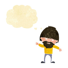 cartoon happy bearded man waving with thought bubble