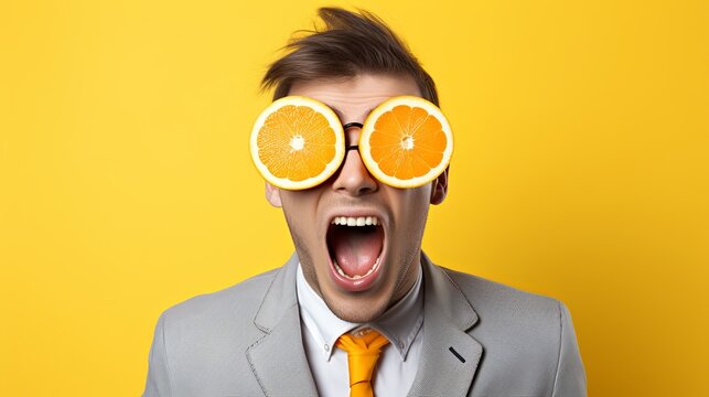 Man in Suit With Orange Slices on His Eyes