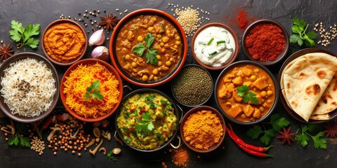 Indian Feast! See from the Top. Colorful Dishes Like Curry, Rice, and Naan - Spices Dancing, Flavors Popping - Enjoy the Tasty Indian Vibes - Soft Natural Light 