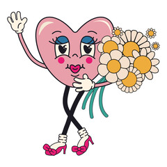 Groovy heart sticker. Pink heart with face. Funny cartoon character in trendy retro groove style. Valentine girl with flowers. Happy Valentines day. Vector illustration in pink color