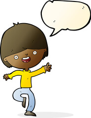 cartoon happy boy dancing with speech bubble