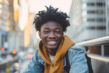 cheerful young African American man posing in front of the camera with casual style