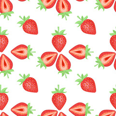 Seamless pattern of strawberry with green leaves on white background. Vector illustration.