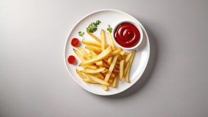 french fries in a bowl, Ketchup in white background