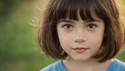 Young Brunette Girl with Playful Smile and Amber Eyes, Gazing Upward at a Sunlit Field - Soft Light Headshot