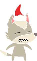flat color illustration of a wolf showing teeth wearing santa hat