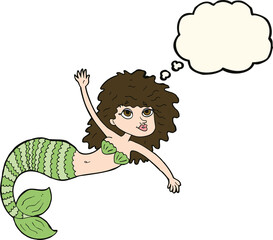 cartoon pretty mermaid waving with thought bubble