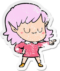 distressed sticker of a happy cartoon elf girl
