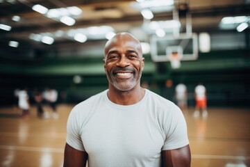 Fototapeta premium Smiling portrait of a mature african man in an indoor basketball gym