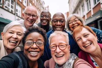 Smiling portrait of a group of senior people in the city