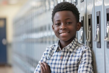 Smiling portrait of a young male elementary school student at school