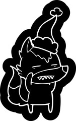 cartoon icon of a wolf showing teeth wearing santa hat