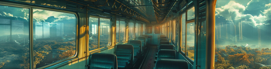 Cinematic and film-inspired banner of a train journey, with detailed interior views and surreal landscapes passing by the windows. - obrazy, fototapety, plakaty