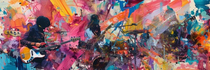 Collage and mixed media banner of a summer music festival, combining concert photography with abstract, energetic brush strokes and patterns.