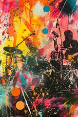 Collage and mixed media banner of a summer music festival, combining concert photography with abstract, energetic brush strokes and patterns.