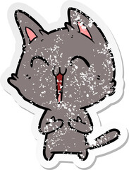 distressed sticker of a happy cartoon cat