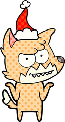 comic book style illustration of a grinning fox wearing santa hat