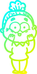 cold gradient line drawing cartoon happy old woman