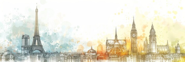 Fototapeta premium Hand-drawn and sketch-style banner of a city's famous landmarks, with a bokeh background giving a bustling, lively feel.