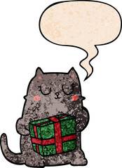 cartoon christmas cat and speech bubble in retro texture style