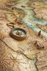 Macro shot banner of a map and compass, with a detailed, realistic texture and a surreal journey line weaving through famous landmarks.