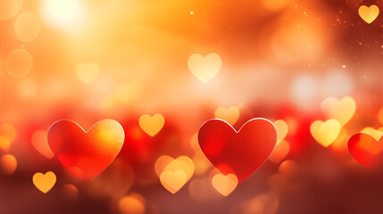 Blurred background with hearts and sun glare. Valentine's Day. Illustration of hearts with bokeh effect on a warm background. Many different stylized hearts with selective focus