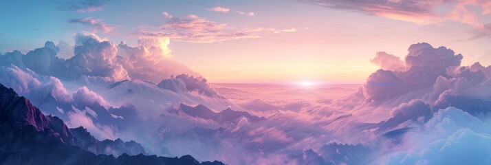 Fototapeta na wymiar Realistic banner of a mountaintop view at sunrise, with surreal, floating clouds and a dream-like, glowing horizon.