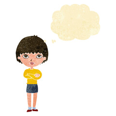 cartoon woman with crossed arms with thought bubble