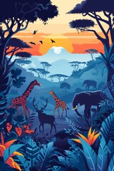 Fototapeta na wymiar Vector art banner of an adventurous safari scene, with detailed wildlife illustrations and an abstract, geometric landscape background.