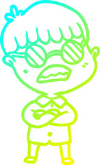 cold gradient line drawing cartoon boy with crossed arms wearing spectacles