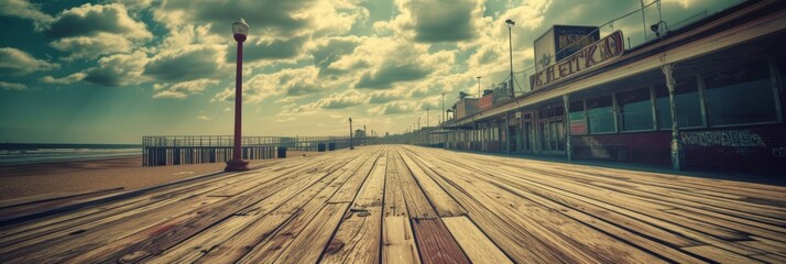 Vintage and retro-style banner of a seaside boardwalk, with detailed, nostalgic elements and a...