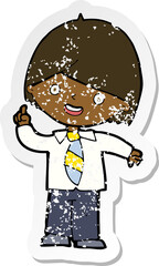 retro distressed sticker of a cartoon school boy answering question