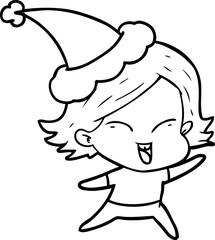 happy line drawing of a girl wearing santa hat
