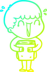 cold gradient line drawing laughing cartoon man holding book