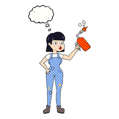 thought bubble cartoon woman in dungarees