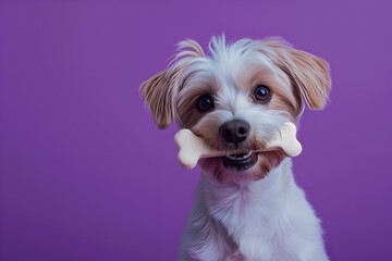 A dog with a toy bone in his teeth. Minimalistic pets style isolated over purple background