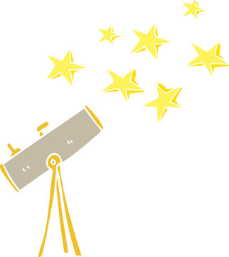 flat color illustration of a cartoon telescope and stars