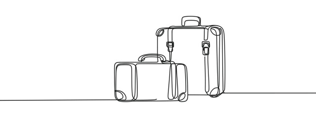 One continuous line drawing of old retro vintage leather suitcases stack. Classic travelling item concept single line draw graphic design vector illustration