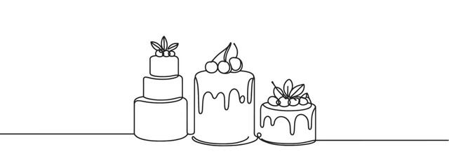 Sweet cup cakes illustration. Continuous one line drawing - obrazy, fototapety, plakaty