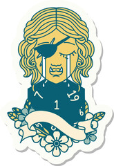 crying orc rogue character face with natural one d20 dice roll sticker